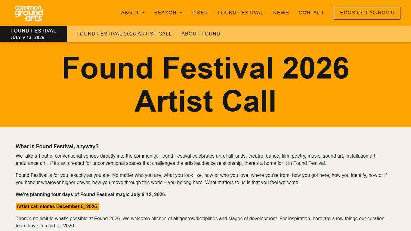 Found Festival 2026 Artist Call Common Ground Arts Society